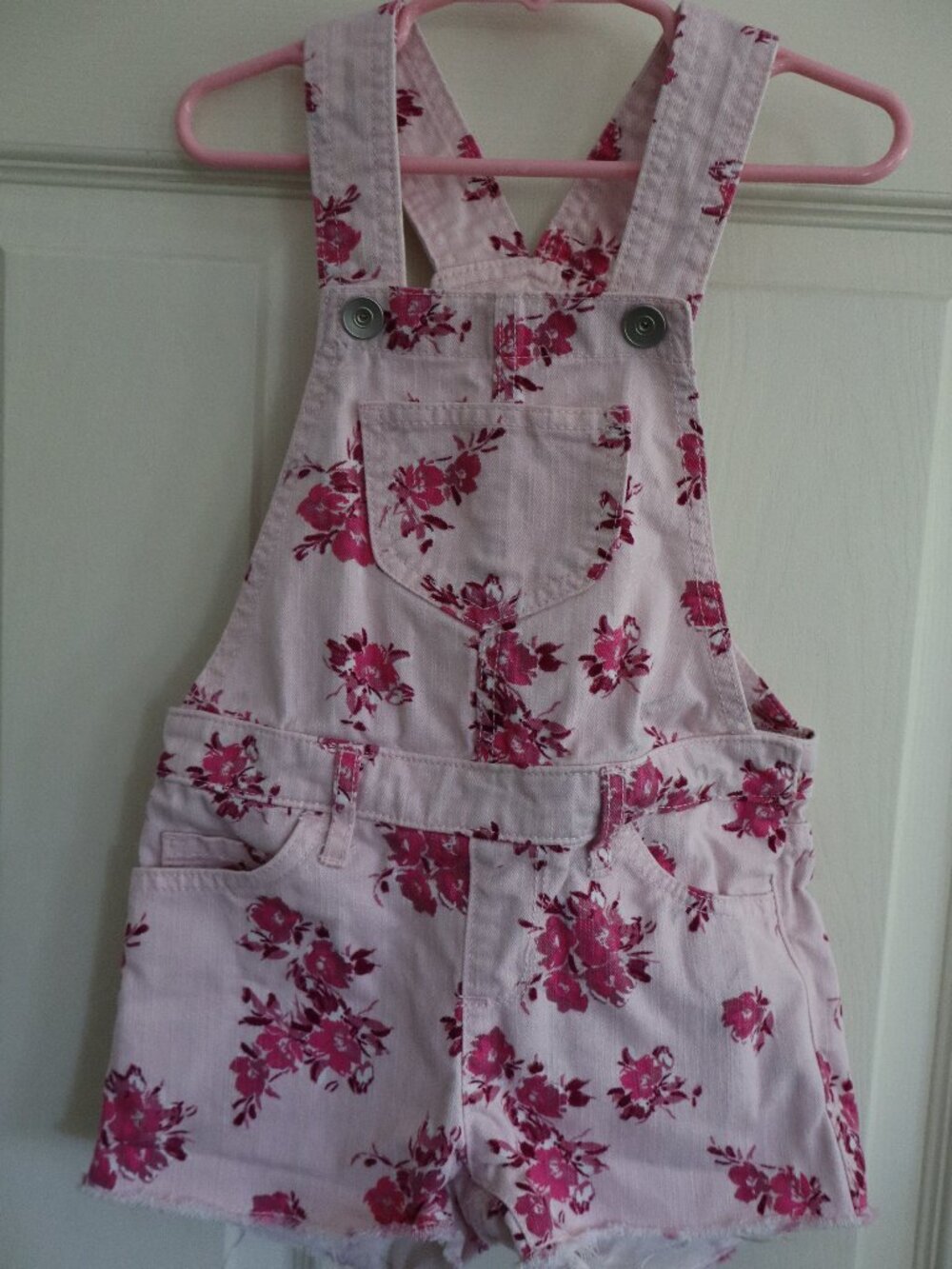 Pink Denim Overalls with floral print and snap closure The Children's Place sz 4